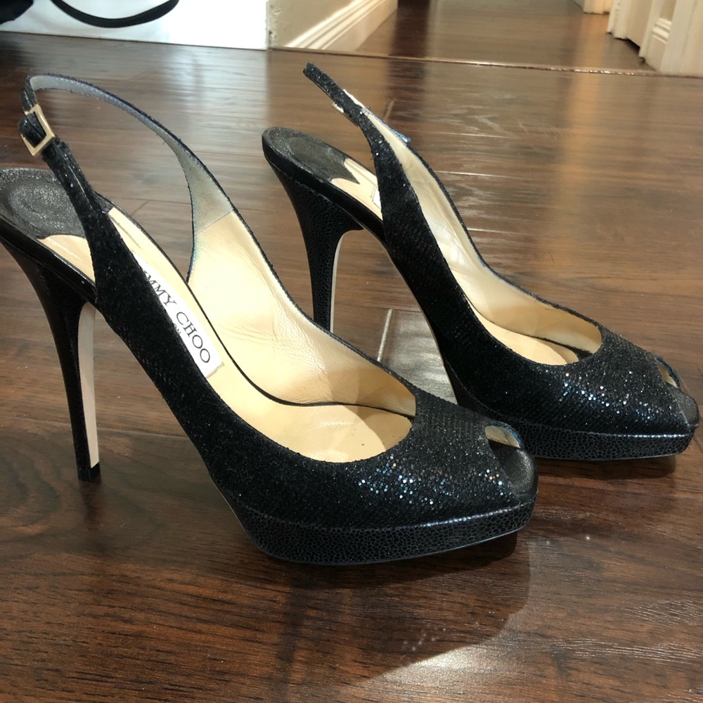 Jimmy Choo black glitter slingback pumps 38.5